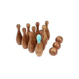 Jeu de bowling en bois massif avec quilles et boules, en location à Rennes